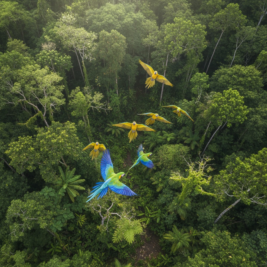 A CLOUD OF SCREAMING MACAWS SOARS ABOVE A RAIN FOREST ON BARRO COLORADO, PANAMA, WITH CLEAR PATHS BETWEEN THE TREES.