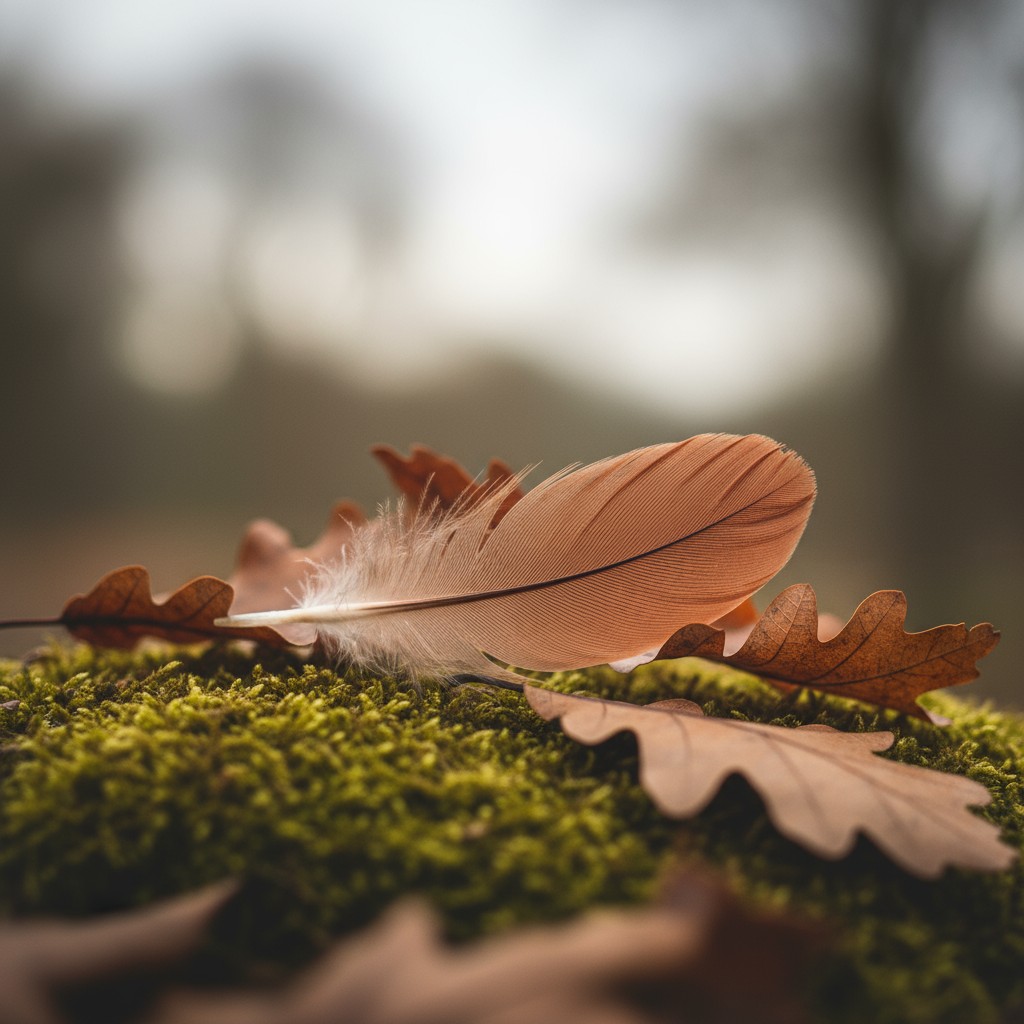 A close-up of an orange-brown feather on green moss, with additional brown leaves, set against a blurred outdoor background.