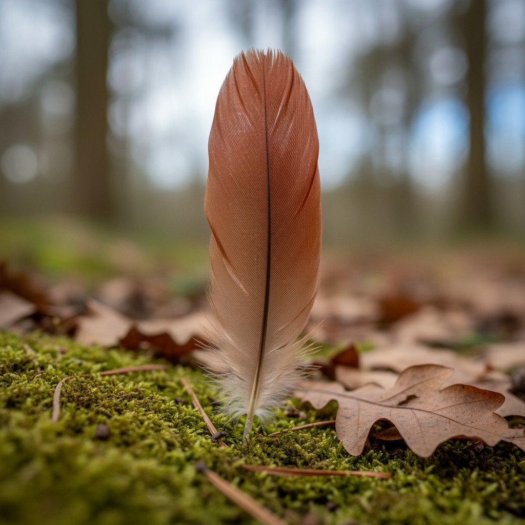 A single brown feather laying on a bed of moss.