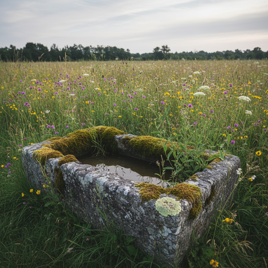 The image shows a stone basin in a field of flowers. A stone basin is covered with lichen and moss and contains murky wate...