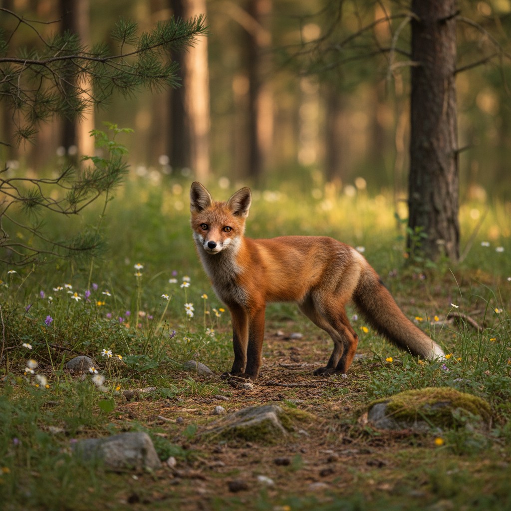 Multiple red foxes standing in a grassy meadow with trees.
