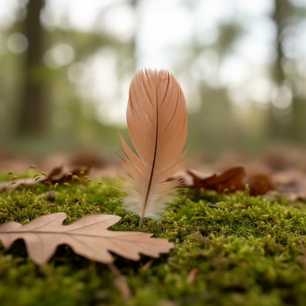 A single brown feather lies on a bed of moss and leaves in the woods.