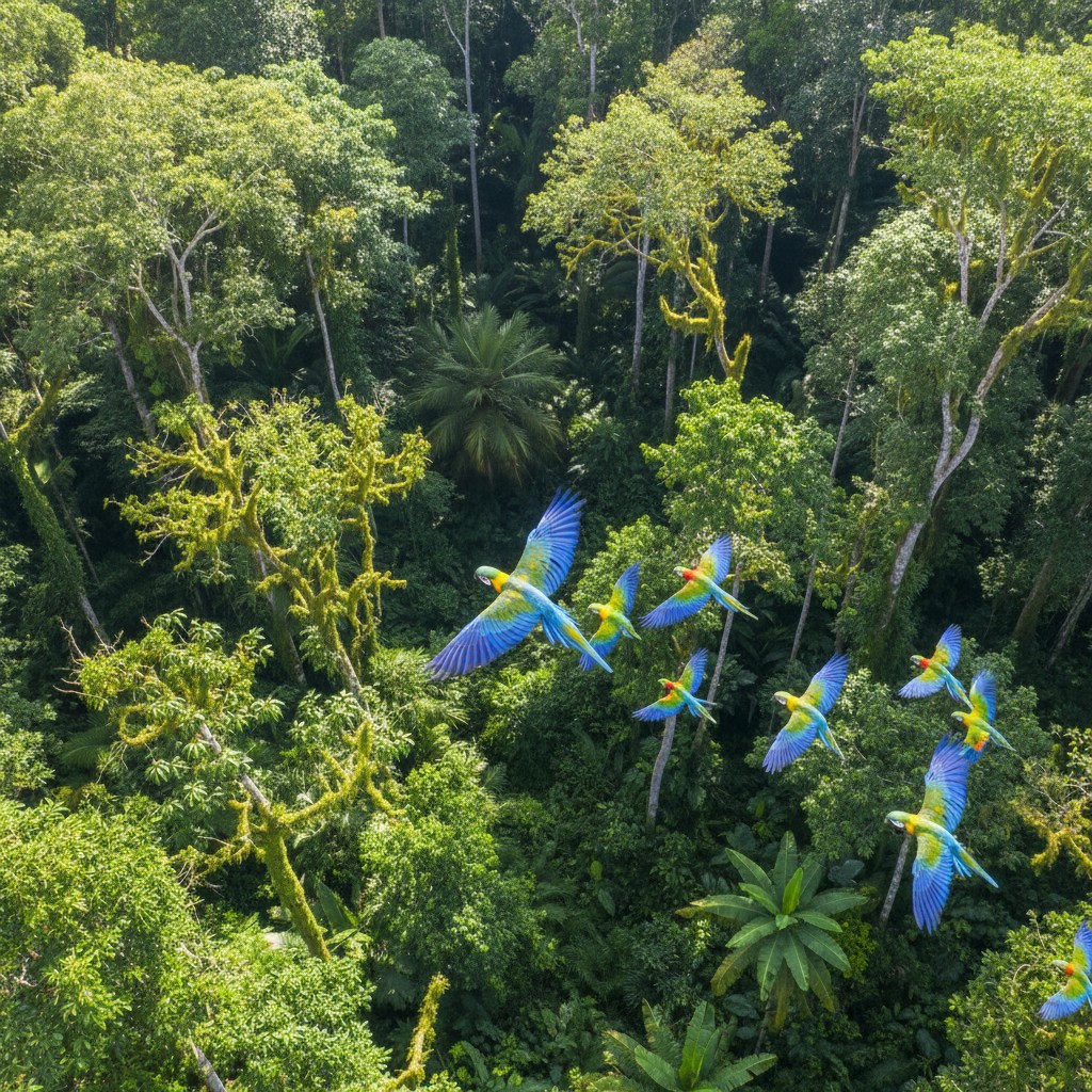 Macaw parrots flying among the trees in a lush, dense, tropical forest.