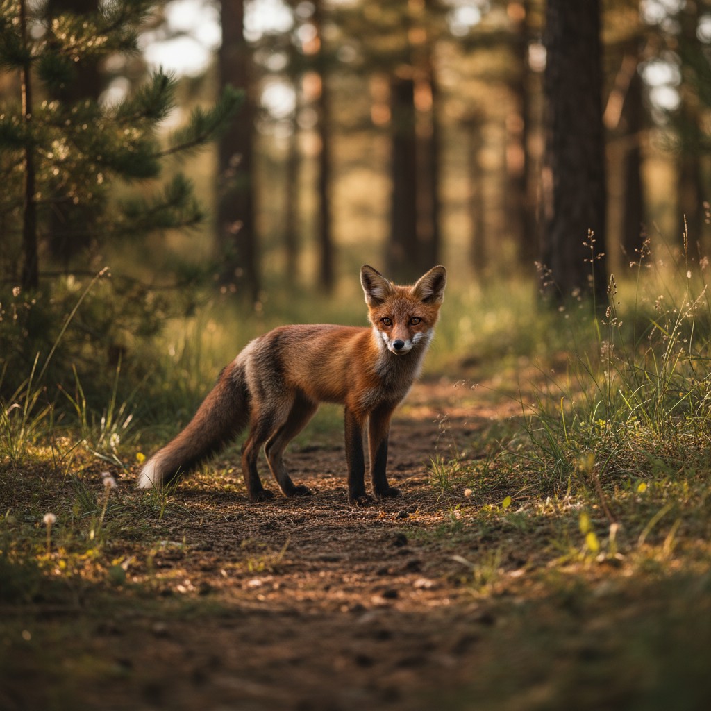 A red fox stands in a forest clearing, with pine trees and wild grasses surrounding it.