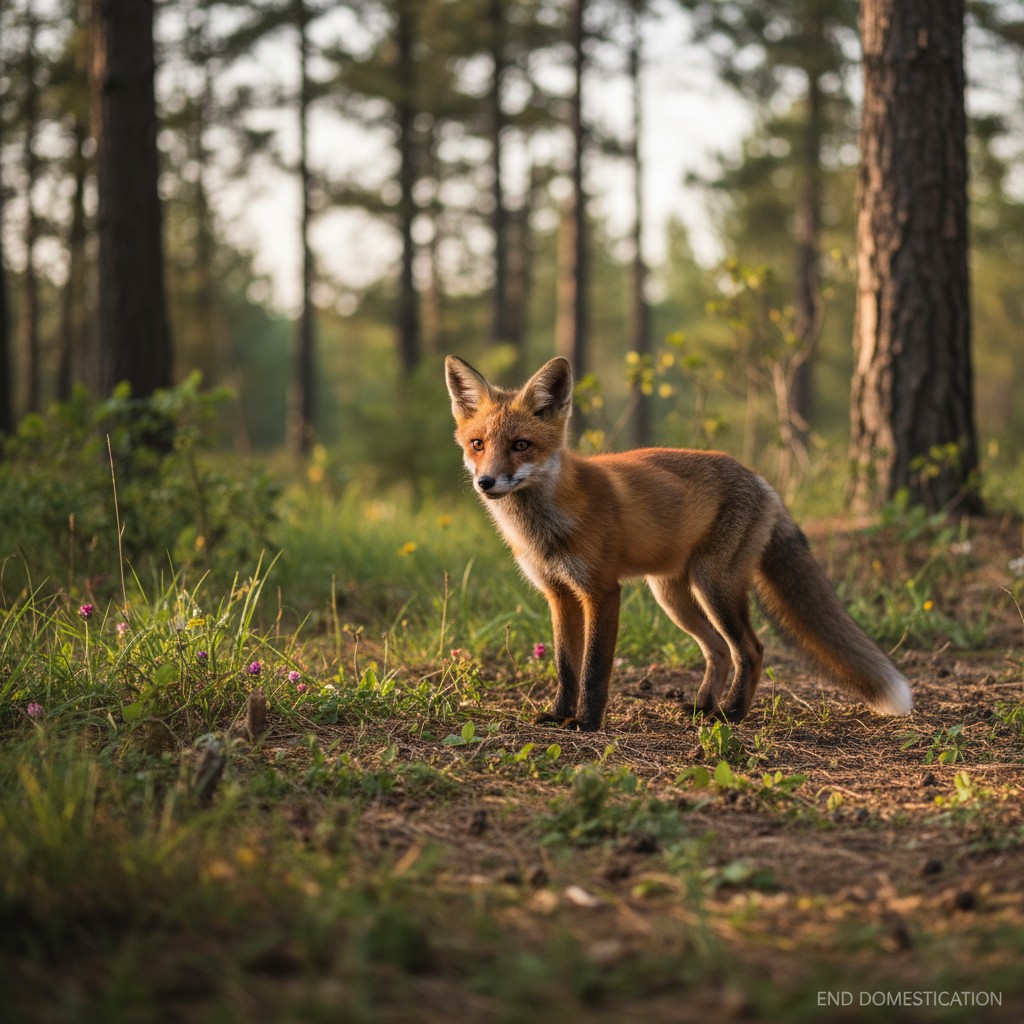 A red fox stands in the woods, surrounded by grass, wildflowers, and trees.